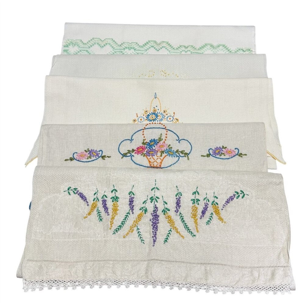 Lot of 5 Hand Tea Towels Embroidered Crochet Huck Weaving Floral Vintage 1950s